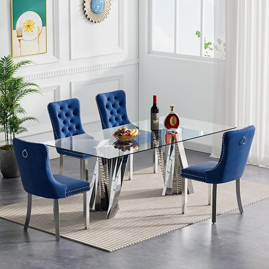 Goujxcy 70" Glass Dining Table Set for 4, Modern Silver Dining Table Set with 4 Blue Velvet Upholstered Dining Chairs, 5 Piece Kitchen Dining Room Table Set with Stainless Steel Legs
