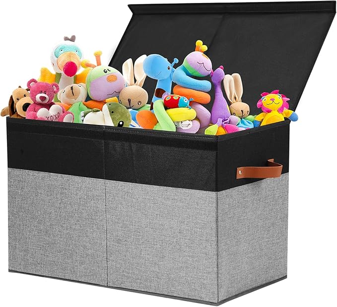 Large Toy Storage Box with Lid, Sturdy Toys Storage Chest Bin Organizer Basket with Dividers for Kids, Boys, Girls, Nursery, Closet, Bedroom, Playroom 25"x13" x16" (Black and Grey)
