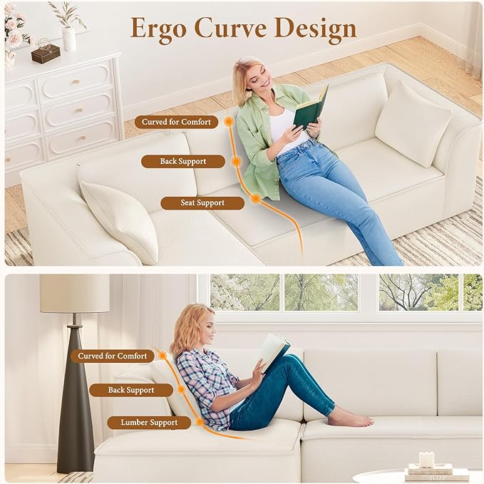 Vesgantti 106" Boneless Couch with Chaise, Deep Seat Cloud Sofa Sectional, Chenille Memory Foam Modular Couches for Living Room, No Assembly Required (Creamy Beige, Left-Facing Chaise)