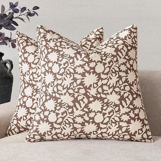 Foindtower Set of 2 Decorative Neutral Floral Throw Pillow Covers Accent Farmhouse Cushion Covers Boho Vintage Pillowcase for Couch Sofa Bedroom Living Room Home Decor Outdoor,18×18 Inch,Brown