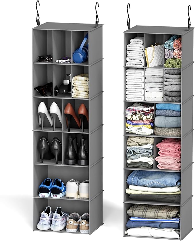 SpaceAid 2 Pack Hanging Closet Organizer and Storage with Dividers, 24 Compartments Hanging Shoe Shelves for Closet, Wardrobe, RV, Garment Rack - Grey