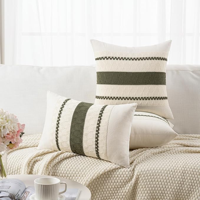 Fancy Homi Set of 2 Boho Olive Green Decorative Throw Pillow Cover 22x22 Inch for Couch Bed Sofa, Aesthetic Modern Organic Farmhouse Home Decor, Soft Cotton Cute Accent Macrame Woven Cushion Case
