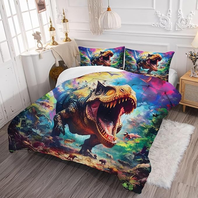 Kids 3D Dinosaur Comforter Set Twin for Boys Tie Dye Dino Bed Set for Boys Bedroom Decor Watercolor T-rex Bedding Set with 1 Comforter and 1 Pillowcase