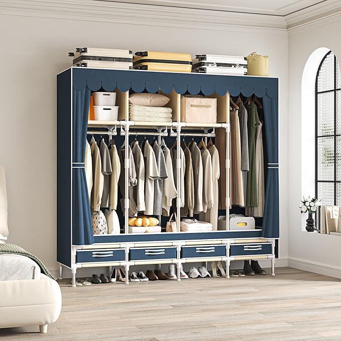 Portable Wardrobe with 4 Drawers and 3 Shelves, 67 Inch Large Capacity Freestanding Wardrobe Hanging Organizer with Lid for Bedroom, Blue