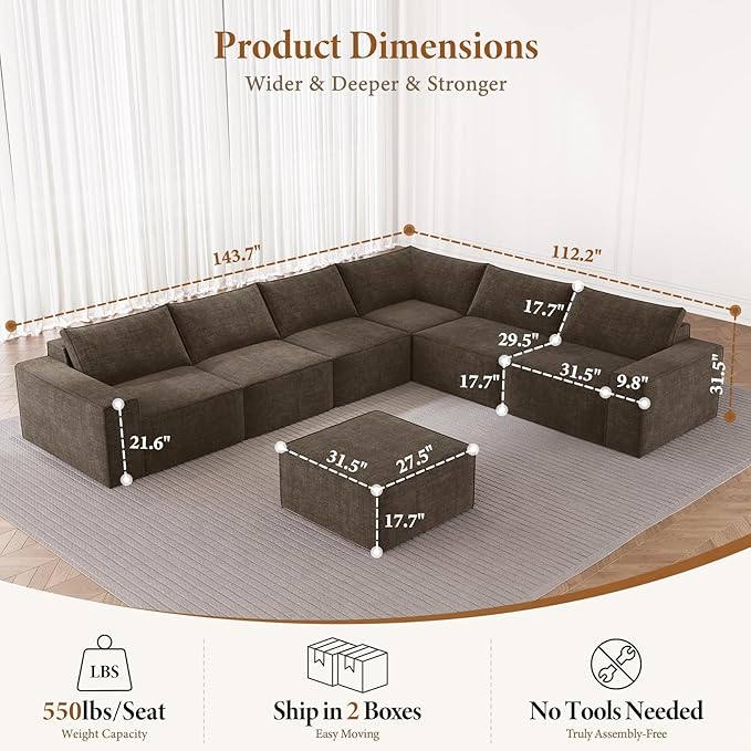Vesgantti 143.7" Oversized Boneless Modular Couch, Modern 6 Seater Sectional Sofa with Ottoman & Deep Seat, Convertible Chenille Cloud Couches for Living Room, No Assembly Required, Dark Brown