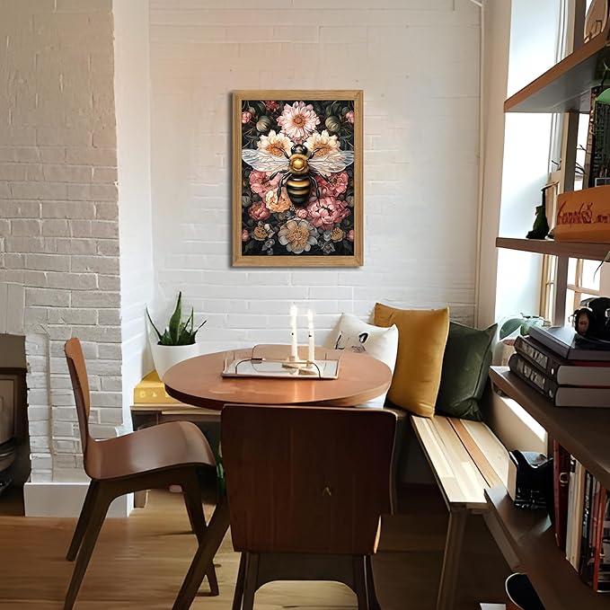 Framed Vintage 3D Textured Wall Art - Dark College Bee Flowers Wall Decor - Hand Drawn Sandstone Nature Botanical Pictures for Living Room Bedroom Home Decor 12x16in