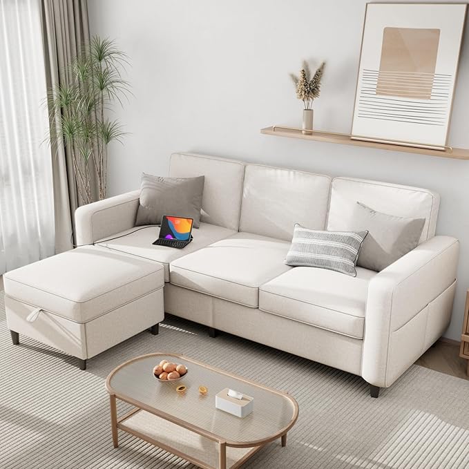 Sectional Couches for Living Room - Deep Seater Couch Living Room-Comfy L Shape Modular Sofa,with Storage Chaise-Washable Covers-Suitable for Living Rooms,Apartments,Rooms and Offices-Beige,USB