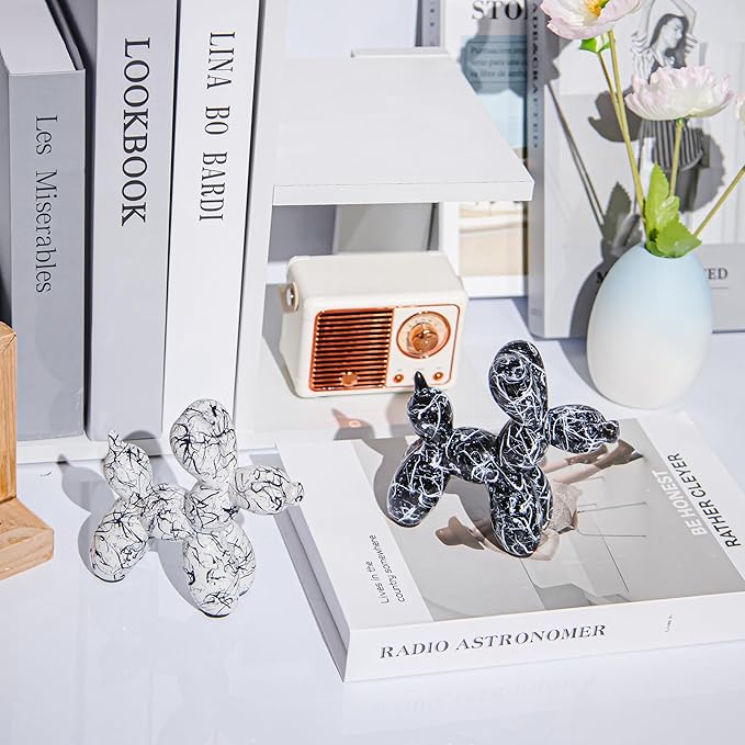 Creative Balloon Dog Statues Small Ceramic Animal Sculpture Modern Home Decor Living Room Desktop Decorations Bedroom Office Cabinet Ornament (Black-B)