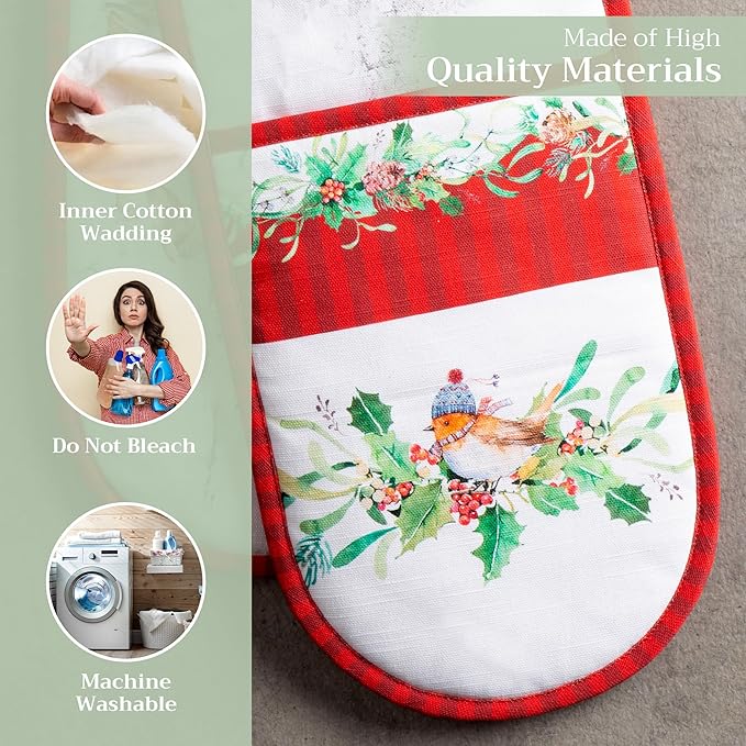 Maison d' Hermine Double Oven Mitt (7" x 35") 100% Cotton Heat Resistant BBQ Cooking Gloves with Loop for Thanksgiving Christmas Decorations Baking Cooking Handling Hot Pan (Christmas Tradition)