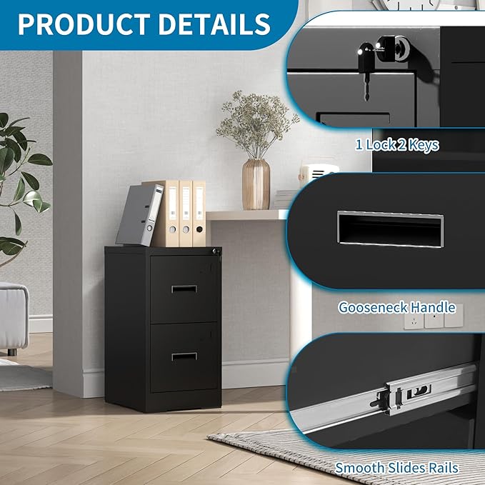 AQY 2 Drawer File Cabinet with Lock, Metal Black Filing Cabinet for Home Office, 18" Deep Heavy Duty Vertical Storage Cabinet for Hanging A4/Letter/Legal Size Files, Assembly Required