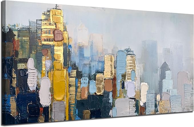 Arjun Abstract Wall Art 3D Textured Skyline Canvas Painting Gold Grey Colorful Modern Cityscape Metropolitan Picture City Artwork Framed Large for Living Room Bedroom Home Office Wall Decor, 48"x24"