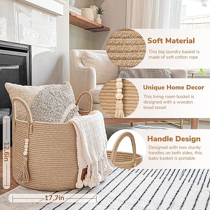 Goodpick Large Wicker Laundry Basket Jute Woven Basket for Clothes, Shoes, Towels, Decorative Storage Basket in Living Room, Bathroom, Entryway, Round Toy Basket 17.7 x 12.6 Inches, Jute