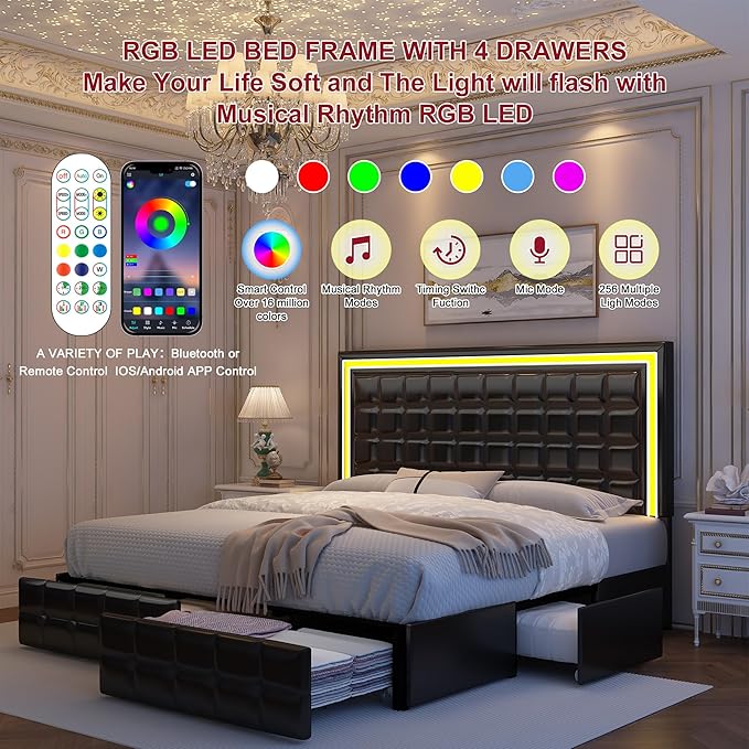 King LED Bed Frame with 4 Drawers, Bed Frame with Led Lights Adjustable Upholstered Headboard Platform Bed with Wooden Slats Support, No Box Spring Needed, PU Black