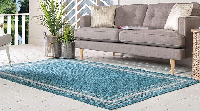 Unique Loom Outdoor Border Collection Area Rug - Soft Border (4' 1" x 6' 1" Rectangle, Teal/ Ivory)