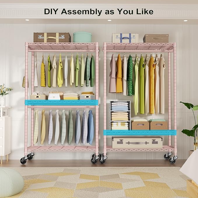 FUTASSI P3 Rolling Clothes Rack, Clothing Racks for Hanging Clothes, Heavy Duty Garment Rack with Wheels, Freestanding Portable Closet Organizer 39.4''W x 14''D x 78.5''H, Max Load 464 LBS, Pink