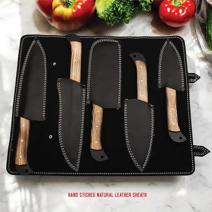 5 PCS Handmade Kitchen Chef Knife Set Hand Forged High Carbon Steel Blade Ashwood Handle With Leather Bag Kit set included (Chef, Cleaver, Butcher, Paring knife, Fillet knife, Utility Knife)