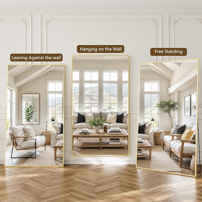 Koonmi 77"x38" Floor Mirror Full Length, Bedroom Floor Body Mirror with Stand, Large Gold Mirror, Leaning, Standing or Hanging Horizontally/Vertically