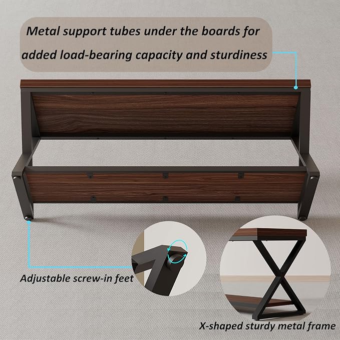 IBF Wood Entryway Bench Indoor, Industrial Wooden Metal Entry Shoe Storage Bench in Bedroom, Farmhouse Hallway Shoe Rack Bench Seating for Foyer Living Dining Room End of Bed, Walnut, 47 Inch