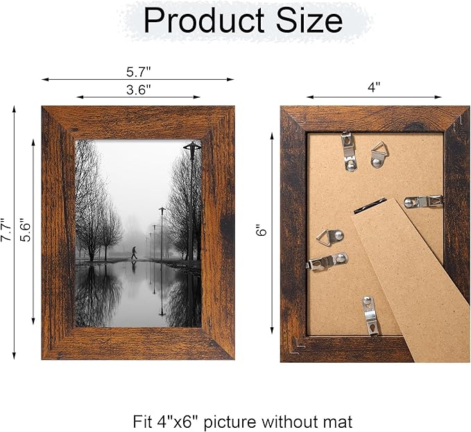 4x6 Picture Frame Set of 4, High Definition Glass 4 x 6 Frame, Wood Rustic Photo Frames for Horizontal or Vertical Display Tabletop and Wall Mounting, Dark Brown