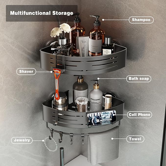 Voldra Corner Shower Caddy Suction Cup, 1 Pack Corner Shower Shelves No Drilling, Aluminum Upgrade Suction Cup Shower Organizer Corner with Towel Bar & Hooks Removable Bathroom Storage Rack(Gray)