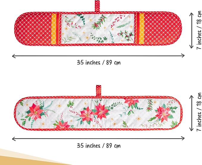 Maison d' Hermine Double Oven Mitt (7" x 35") 100% Cotton Heat Resistant BBQ Cooking Gloves with Loop for Thanksgiving Christmas Decorations Baking Cooking Handling Hot Pan (Poinsettia Christmas)