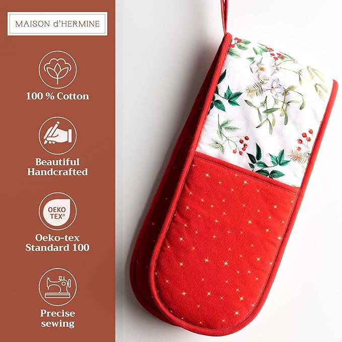 Maison d' Hermine Double Oven Mitt (7" x 35") 100% Cotton Heat Resistant BBQ Cooking Gloves with Loop for Thanksgiving Christmas Decorations Baking Cooking Barbeque Handling Hot Pan (Noel)