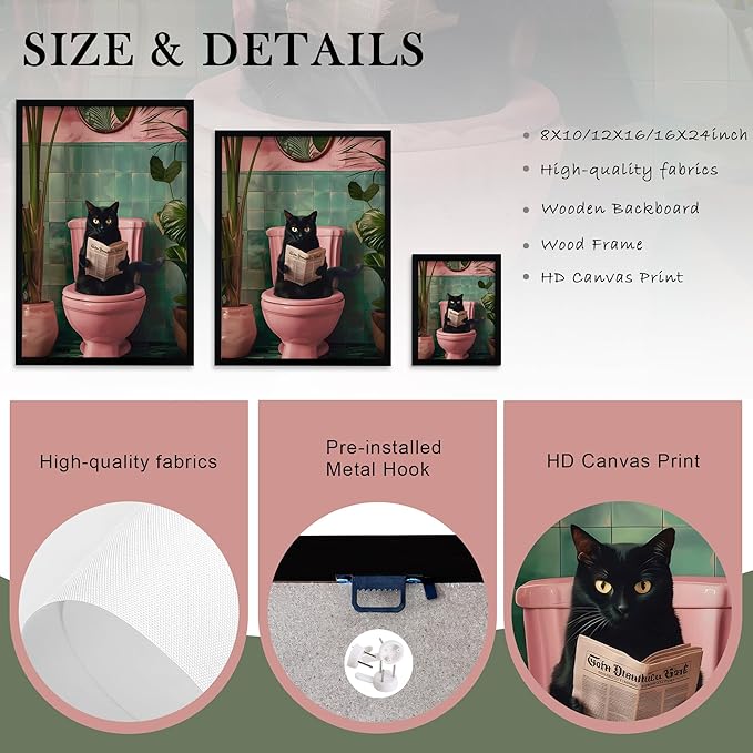 Framed Vintage Cat Canvas Wall Art, Funny Pink Animal Reading Books Painting Picture Print, Cute Kitten Lovers Aesthetic Wall Decor for Nursery Girls Room Bedroom Kids Room 24''L x 16''W