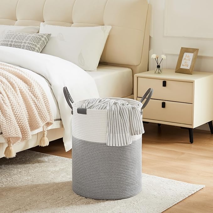 Cotton Rope Laundry Hamper by YOUDENOVA, 58L - Woven Collapsible Laundry Basket - Clothes Storage Basket for Blankets, Laundry Room Organizing, Bedroom Storage, Clothes Hamper – White & Grey