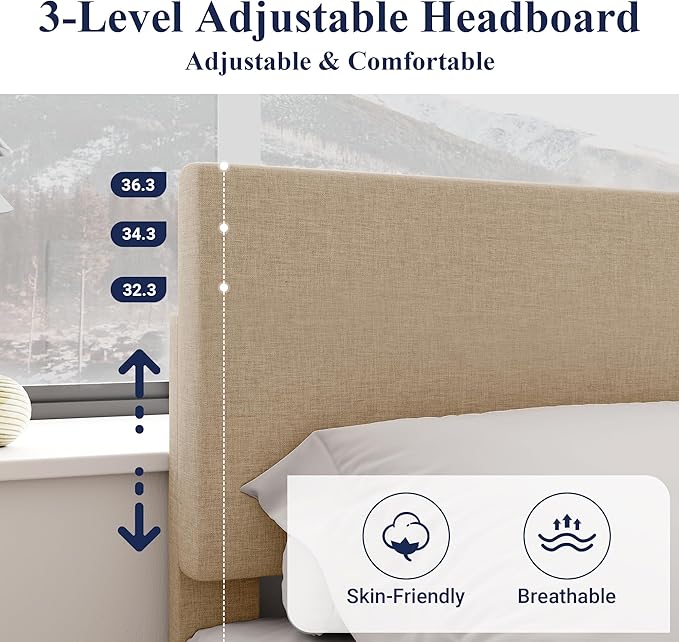 Allewie King Size Bed Frame with Adjustable Headboard, Upholstered Platform Bed with Wood Slats, Heavy Duty Mattress Foundation, No Box Spring Needed, Noise-Free, Easy Assembly, Beige