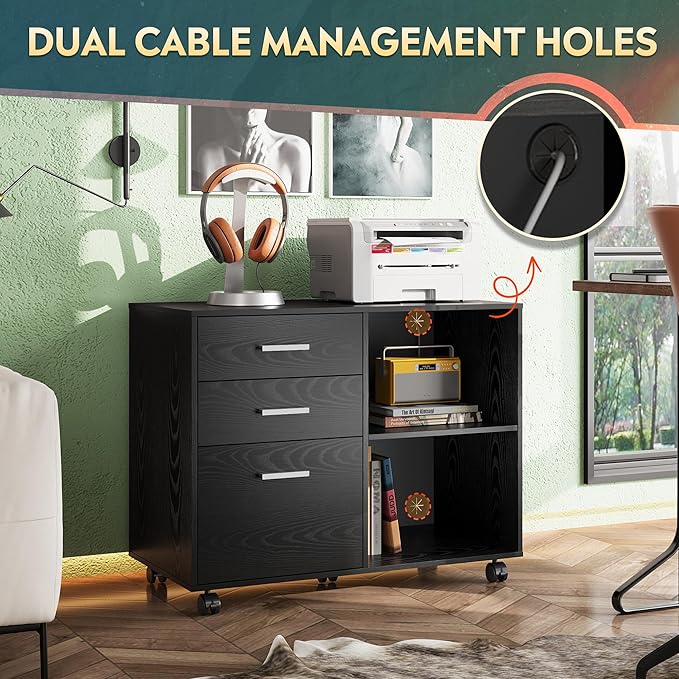 DEVAISE 3 Drawer Mobile File Cabinet, Wood Lateral Filing Cabinet, Printer Stand with Open Shelves for Home Office, Black