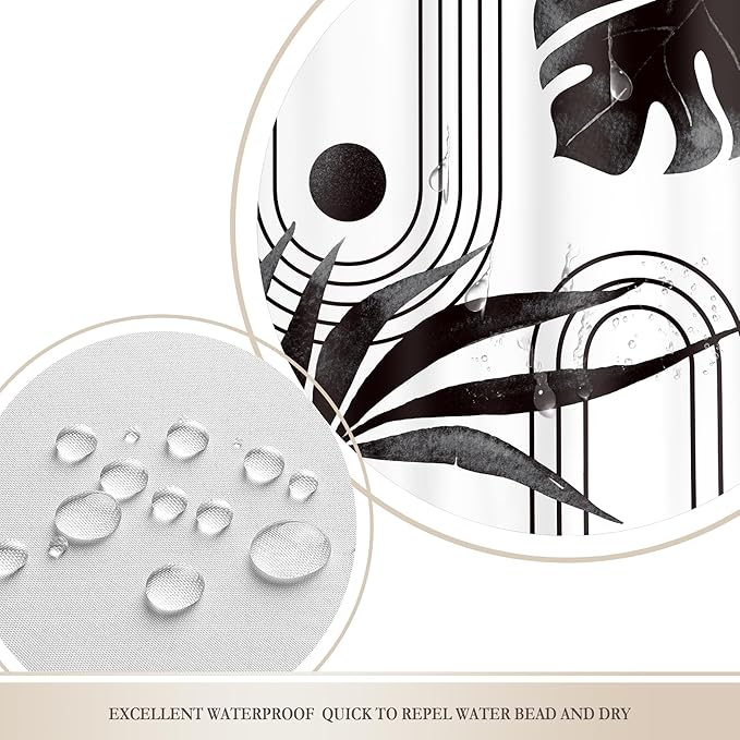 Glawry Boho Black White Shower Curtain Mid Century Abstract Tropical Palm Leaf Modern Minimalist Plant Botanical Bathroom Geometric 60Wx72L Inches Bath Accessories Art Home Decor Fabric 12 Pack Hooks