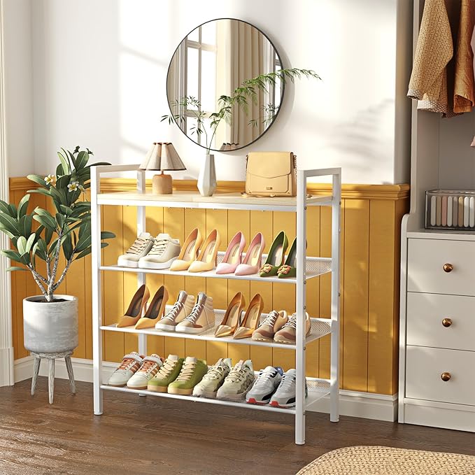 Shoe Rack for Front Door Entrance, 4 Tier Shoe Rack for Entryway, 12-16 Pairs of Shoes, Metal Shoe Racks Organizer, Free Standing Shoe Racks for Closet, Garage, Outdoor (White+Beige)