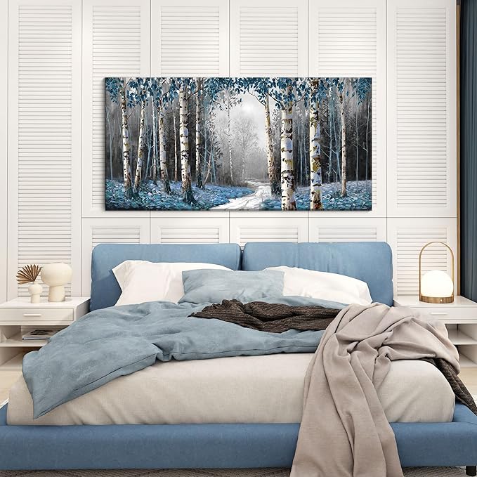 HKDGOKA Large Wall Art Living Room Modern Gray Blue Forest Nature Landscape Paintings Fall Pictures for Bedroom Kitchen Bathroom Office Home Artwork Wall Decor 48"x24"
