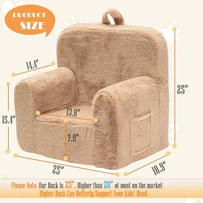 Snuggly-Soft Cuddly Toddler Plush Armchair for Boys and Girls Fuzzy Plush Kids Sofa Couch Reading Chair with Children Friendly Handle for Easy Movement & Double Pockets for Good Storage, Camel