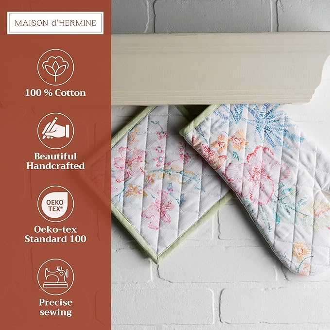 Maison d' Hermine 100% Cotton Oven Mitt & Pot Holder Set (7.5"x13" & 8"x8") Heat Resistant BBQ Cooking Gloves with Loop, Baking, Grilling, Kitchen, Handling Hot Pans Spring/Summer (Paradise Island)