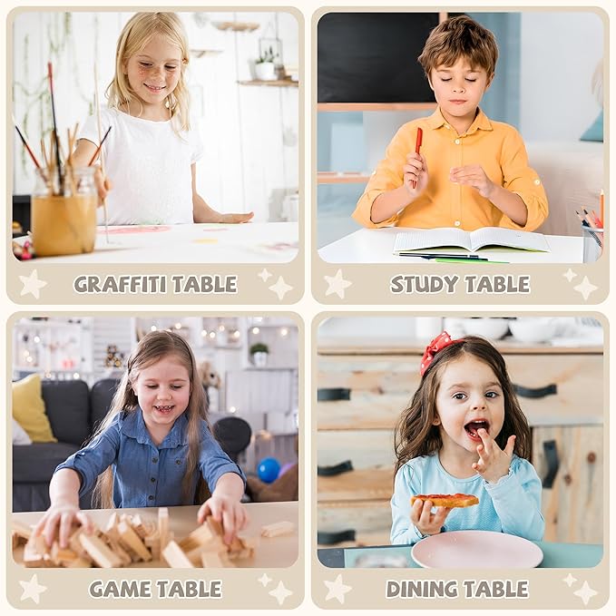 Adjustable Kids Table Chairs Set – Graffiti Desktop, Multi-Activity Height-Adjustable Toddler Study Desk for Ages 3-8 – Ideal for Home, Classroom, Daycare (W-Wood, 4 Chairs-23.6" L x 23.6" W)