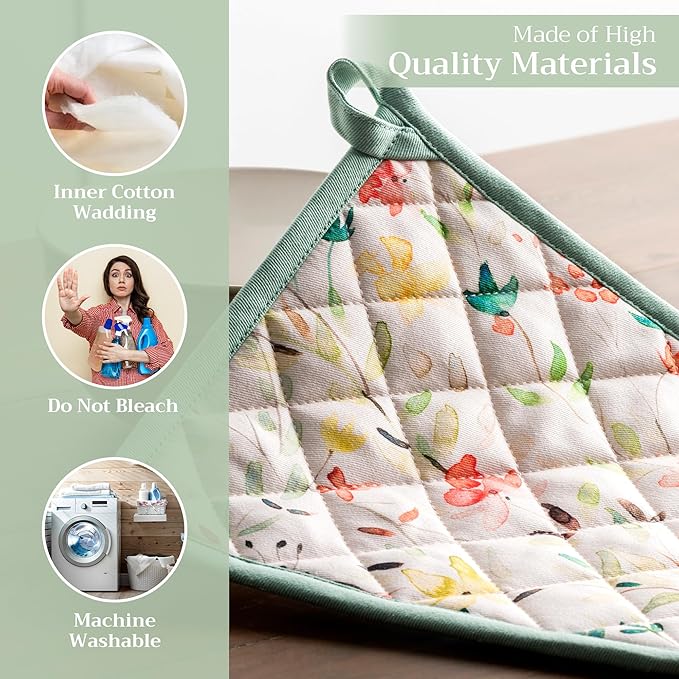 Maison d' Hermine Pot Holders Set 100% Cotton Heat Resistant Potholders 8" x 8" Hot Pads with Loop BBQ, Cooking, Baking, Grilling, Kitchen, Handling Hot Pans Spring/Summer (Pack of 2, Colmar)