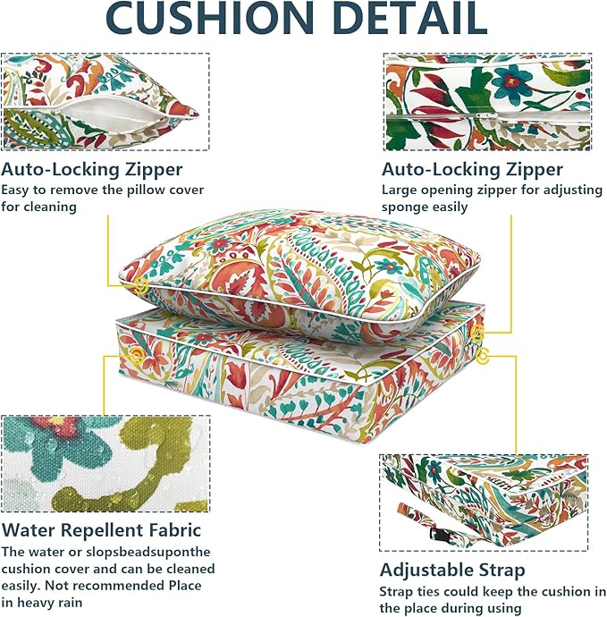 Outdoor Deep Seat Cushions Set 24 x 24 Inch for Patio Furniture,Water Resistant Chair Cushions Replacement Includes Seat Cushion & Back Pillow for Couch Sofa, Wicker Chair - Pretty Paisley