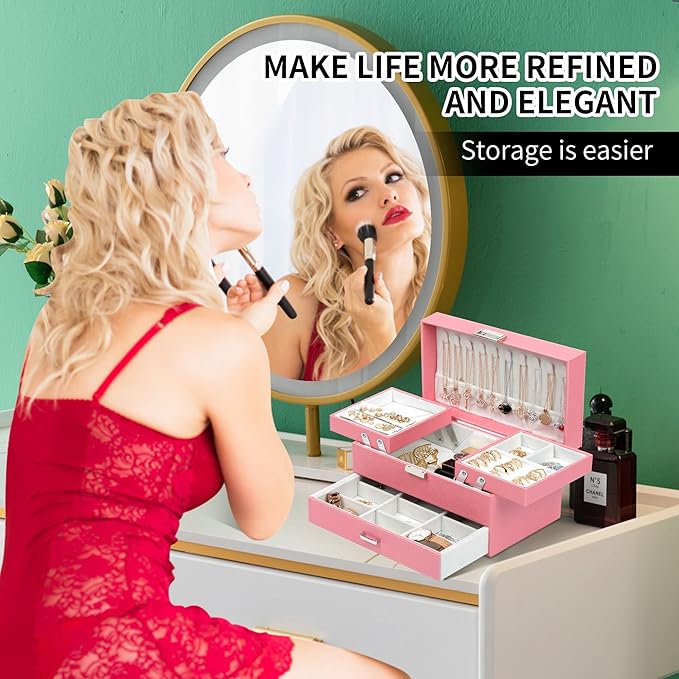 Dajasan Jewelry Box for Girls Women, PU Leather Jewelry Organizer Box, 3 Layers Jewelry Gift Box for Christmas, Valentine's Day, Birthday, Mother's Day (Pink)