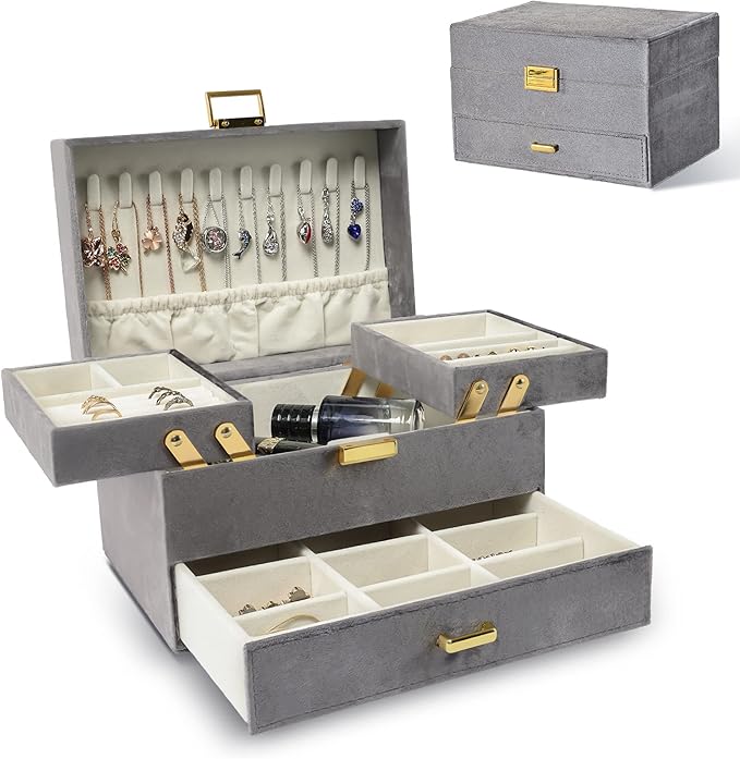 Dajasan Velvet Jewelry Boxes, Women Jewelry Organizer Box, 3- Layer Large Jewelry Storage Case for Birthday Mother's Day Valentine's Day (Grey)