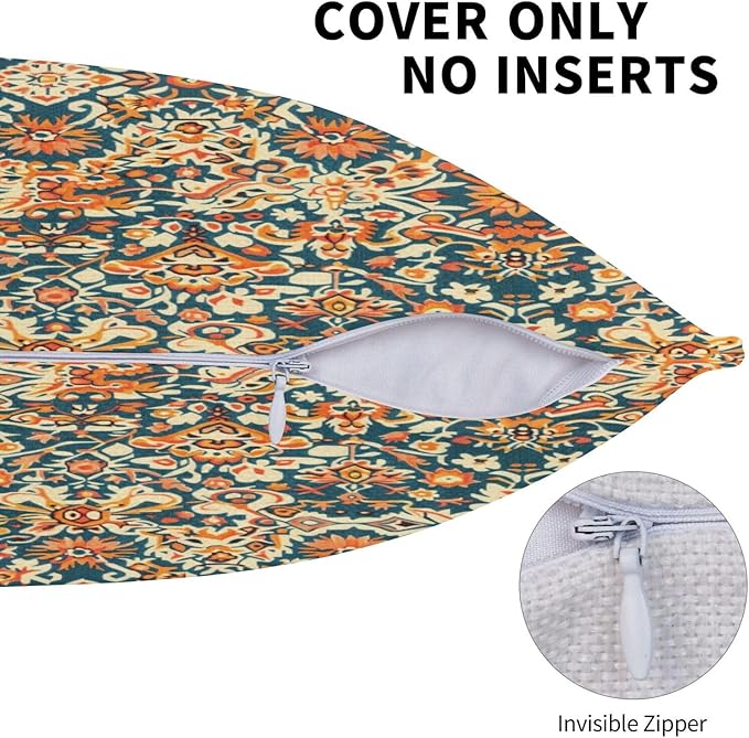 Navy Blue Orange Vintage Floral Pillow Covers 18x18 Inch Set of 2, Bohemian Style Carpet Pattern Decorative Throw Pillows Fall Cushion Covers for Sofa Bed Couch Living Room Outdoor Decor