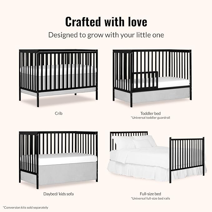 Dream On Me Synergy 5-in-1 Convertible Full-Size Baby Crib with Toddler, Day & Full Bed Conversion in Black, GreenGuard Gold & JPMA, 3 Mattress Heights, Sustainable Pinewood