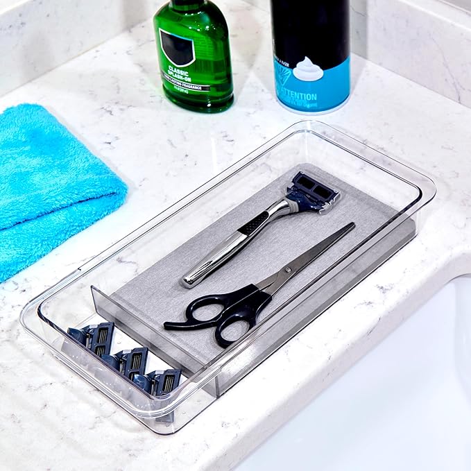 madesmart Dental Tray Drawer Organizer with Drying Stone, Clear Plastic Drawer Organizer for Toothbrush, Dental Floss, Water Flossers, Toothpaste