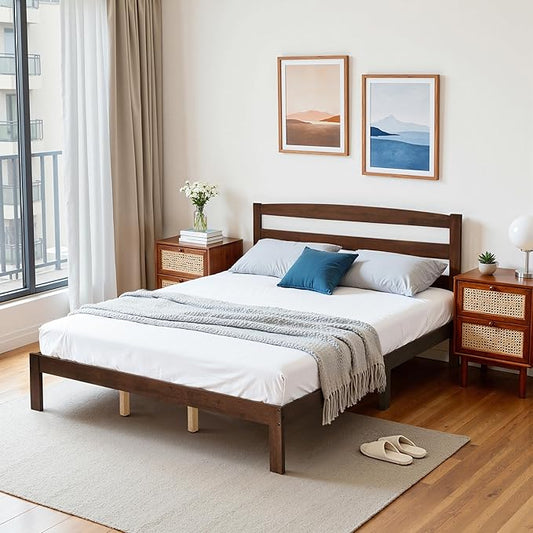 Hokway Wood Queen Bed Frame with Headboard-No Wobble,Noise-Free,Easy Assembly with Precise Holes,12 in Reinforced Center Legs,No Box Spring Needed,Walnut