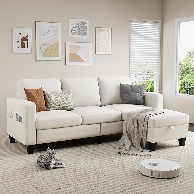 Sectional Sofa Couches for Living Room - Beige 3 Seat L-Shaped Couch with Storage Ottoman, Comfy Fabric Convertible Sectionals Sofas with Chaise for Apartment, Office, Small Space