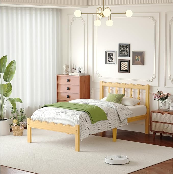 Bamboo Twin XL Bed Frame with Headboard, 14 inch Solid Wood Platform Bed Frames Twin XL Size with Metal Slats, No Box Spring Needed, Easy Assembly, Noise Free