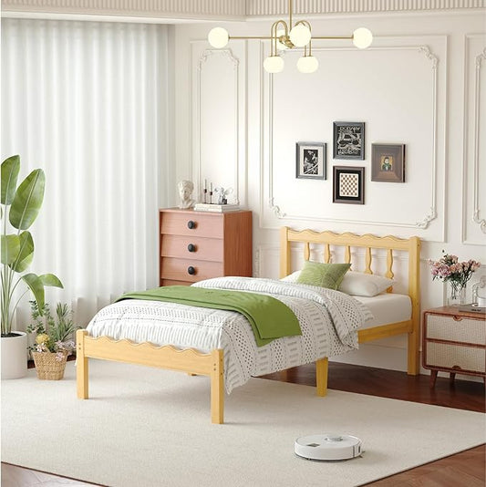 Bamboo Twin XL Bed Frame with Headboard, 14 inch Solid Wood Platform Bed Frames Twin XL Size with Metal Slats, No Box Spring Needed, Easy Assembly, Noise Free