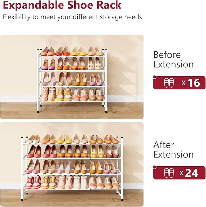 Tajsoon Expandable Shoe Rack for Closet 4 Tier, 29“-41“Adjustable & Stackable Shoe Shelf Storage, Metal Shoe Rack Organizer for Front Door Entrance, Closet, Garage, Entryway, White
