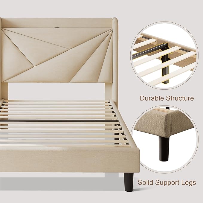 Twin Size Upholstered Bed Frame with Charging Station, Platform Bed Frame with Storage Headboard, Solid Wood Slats Support, No Box Spring Needed, Beige