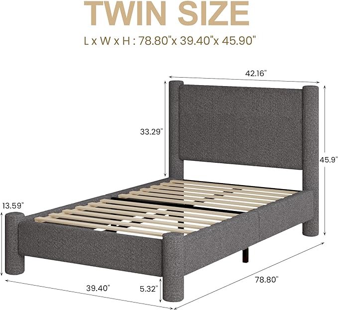 Twin Size Bed Frame, Boucle Upholstered Platform Bed with Headboard and Footboard, Soft Rounded Corners, No Box Spring Required, Easy Assembly, Dark Grey